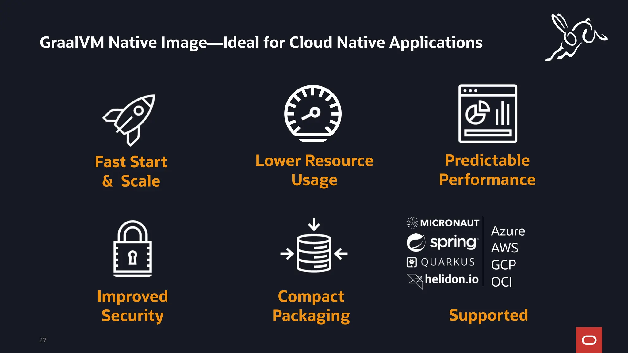 Compact
Packaging
27
GraalVM Native Image—Ideal for Cloud Native Applications
Improved
Security
Fast Start
& Scale
Lower Resource
Usage
Predictable
Performance
Supported
Azure
AWS
GCP
OCI
 