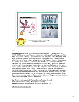Lost	
  

Jinni	
  Descrip1on:	
  Created	
  by	
  successful	
  television	
  producer	
  J.J.	
  Abrams	
  (FELICITY,	
  
ALIAS),	
  LOST	
  became	
  one	
  of	
  the	
  most	
  popular	
  and	
  criPcally	
  acclaimed	
  programs	
  of	
  the	
  
2004-­‐2005	
  season.	
  UPlizing	
  a	
  ripe	
  premise	
  and	
  well-­‐drawn	
  and	
  acted	
  characters,	
  LOST	
  
abracted	
  a	
  huge	
  following	
  and	
  was	
  proclaimed	
  the	
  saving	
  grace	
  of	
  a	
  television	
  year	
  
otherwise	
  marred	
  by	
  derivaPve	
  reality	
  programming.	
  The	
  story	
  concerns	
  the	
  survivors	
  
of	
  a	
  terrible	
  plane	
  crash,	
  who	
  ﬁnd	
  themselves	
  stranded	
  on	
  a	
  tropical	
  island	
  with	
  
seemingly	
  lible	
  chance	
  of	
  a	
  rescue.	
  Medical	
  doctor	
  Jack	
  takes	
  a	
  posiPon	
  of	
  leadership,	
  
helping	
  to	
  rally	
  the	
  survivors	
  and	
  prepare	
  them	
  for	
  a	
  period	
  of	
  diﬃculty	
  as	
  they	
  learn	
  
how	
  to	
  survive	
  on	
  the	
  paradisiacal	
  island.	
  But	
  everything	
  is	
  not	
  as	
  it	
  seems,	
  as	
  the	
  island	
  
oﬀers	
  potenPal	
  danger	
  in	
  the	
  form	
  of	
  a	
  large,	
  mysterious	
  creature,	
  and	
  evidence	
  is	
  
found	
  that	
  the	
  plane	
  crash	
  may	
  not	
  have	
  been	
  an	
  accident.	
  As	
  they	
  struggle	
  to	
  survive,	
  
each	
  of	
  the	
  characters	
  forms	
  alliances	
  and	
  makes	
  enemies,	
  all	
  while	
  dealing	
  with	
  the	
  
unresolved	
  issues	
  of	
  the	
  lives	
  they've	
  les	
  behind.	
  LOST	
  disPlls	
  the	
  diﬃculPes	
  of	
  society	
  
down	
  to	
  their	
  essence,	
  exploring	
  these	
  problems	
  with	
  compelling	
  characters	
  and	
  with	
  a	
  
seHng	
  that's	
  equal	
  parts	
  paradise	
  and	
  mystery.	
  

Storyline:	
  Intricately	
  plobed	
  (MulPple	
  Stories/Twists	
  and	
  turns)	
  
Tone:	
  Atmospheric;	
  HaunPng	
  (Atmospheric;	
  Surreal)	
  
Wri1ng:	
  Compelling;	
  Dialogue-­‐rich	
  (CapPvaPng;	
  Ensemble	
  Cast)	
  

hbp://www.jinni.com/tv/lost/	
  	
  




                                                                                                                                                  107	
  
 