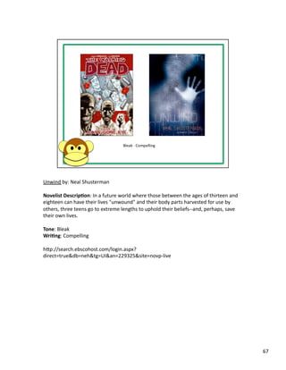 Unwind	
  by:	
  Neal	
  Shusterman	
  

Novelist	
  Descrip1on:	
  In	
  a	
  future	
  world	
  where	
  those	
  between	
  the	
  ages	
  of	
  thirteen	
  and	
  
eighteen	
  can	
  have	
  their	
  lives	
  "unwound"	
  and	
  their	
  body	
  parts	
  harvested	
  for	
  use	
  by	
  
others,	
  three	
  teens	
  go	
  to	
  extreme	
  lengths	
  to	
  uphold	
  their	
  beliefs-­‐-­‐and,	
  perhaps,	
  save	
  
their	
  own	
  lives.	
  

Tone:	
  Bleak	
  
Wri1ng:	
  Compelling	
  

hbp://search.ebscohost.com/login.aspx?
direct=true&db=neh&tg=UI&an=229325&site=novp-­‐live	
  




                                                                                                                                    67	
  
 