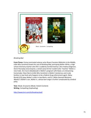 Breaking	
  Bad	
  

From	
  iTunes:	
  Emmy-­‐nominated	
  veteran	
  actor	
  Bryan	
  Cranston	
  (Malcolm	
  in	
  the	
  Middle,	
  
LiMle	
  Miss	
  Sunshine)	
  heads	
  the	
  cast	
  of	
  Breaking	
  Bad,	
  portraying	
  Walter	
  White,	
  a	
  high	
  
school	
  chemistry	
  teacher	
  who	
  life	
  is	
  suddenly	
  transformed	
  by	
  a	
  dire	
  medical	
  diagnosis.	
  
Aaron	
  Paul	
  plays	
  Jesse	
  Dupree,	
  a	
  street-­‐savvy	
  former	
  student	
  who	
  "teaches"	
  Walter	
  a	
  
new	
  trade.	
  Ann	
  Gunn	
  (Deadwood)	
  is	
  Walter's	
  pregnant	
  wife	
  Skylar,	
  an	
  enterprising	
  
homemaker.	
  Dean	
  Norris	
  (LiMle	
  Miss	
  Sunshine)	
  is	
  Walter's	
  boisterous	
  and	
  crude	
  
brother-­‐in-­‐law	
  Hank	
  who	
  happens	
  to	
  be	
  a	
  federal	
  drug	
  enforcement	
  agent.	
  Betsy	
  
Brandt	
  (CSI)	
  plays	
  Walter's	
  sister-­‐in-­‐law	
  Marie,	
  and	
  R.J.	
  Mibe	
  (Hannah	
  Montana,	
  
Weeds)	
  is	
  Walter's	
  son,	
  Walter	
  Jr.,	
  whose	
  teen	
  angst	
  is	
  further	
  complicated	
  by	
  cerebral	
  
palsy.	
  

Tone:	
  Bleak;	
  Gruesome	
  (Bleak;	
  Violent	
  Content)	
  
Wri1ng:	
  Compelling	
  (CapPvaPng)	
  

hbp://www.jinni.com/tv/breaking-­‐bad/	
  




                                                                                                                                     71	
  
 