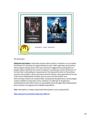 The	
  Dead	
  Zone	
  

Wikipedia	
  Descrip1on:	
  Small-­‐town	
  teacher	
  Johnny	
  Smith	
  is	
  involved	
  in	
  a	
  car	
  accident	
  
that	
  leaves	
  him	
  comatose	
  for	
  approximately	
  six	
  years.	
  Aser	
  regaining	
  consciousness,	
  
Johnny	
  begins	
  having	
  visions	
  of	
  the	
  past	
  and	
  future	
  triggered	
  by	
  touching	
  items	
  or	
  
people;	
  doctors	
  abribute	
  the	
  visions	
  to	
  acPvity	
  in	
  a	
  previously	
  unused	
  "dead	
  zone"	
  of	
  
his	
  brain	
  that	
  is	
  abempPng	
  to	
  compensate	
  for	
  the	
  impaired	
  funcPon	
  of	
  the	
  porPons	
  
injured	
  in	
  the	
  accident.	
  Johnny	
  also	
  learns	
  that	
  his	
  ﬁancée,	
  Sarah,	
  gave	
  birth	
  to	
  his	
  son	
  
in	
  the	
  interim	
  following	
  the	
  accident,	
  but	
  has	
  since	
  married	
  another	
  man.	
  
With	
  the	
  help	
  of	
  Sarah,	
  her	
  husband	
  Walt,	
  and	
  physical	
  therapist	
  Bruce,	
  Johnny	
  begins	
  
using	
  his	
  abiliPes	
  to	
  help	
  solve	
  crimes.	
  However,	
  his	
  abempts	
  to	
  do	
  good	
  are	
  
complicated	
  by	
  intermibent	
  visions	
  of	
  apocalypPc	
  events	
  brought	
  about	
  following	
  the	
  
future	
  elecPon	
  of	
  congressional	
  candidate	
  Greg	
  SPllson.	
  

Tone:	
  Atmospheric;	
  Creepy;	
  Suspenseful	
  (Atmospheric;	
  Scary;	
  Suspenseful)	
  

hbp://www.jinni.com/tv/the-­‐dead-­‐zone-­‐2002-­‐1/	
  




                                                                                                                                             83	
  
 