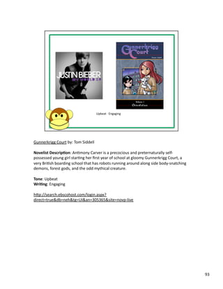Gunnerkrigg	
  Court	
  by:	
  Tom	
  Siddell	
  

Novelist	
  Descrip1on:	
  AnPmony	
  Carver	
  is	
  a	
  precocious	
  and	
  preternaturally	
  self-­‐
possessed	
  young	
  girl	
  starPng	
  her	
  ﬁrst	
  year	
  of	
  school	
  at	
  gloomy	
  Gunnerkrigg	
  Court,	
  a	
  
very	
  BriPsh	
  boarding	
  school	
  that	
  has	
  robots	
  running	
  around	
  along	
  side	
  body-­‐snatching	
  
demons,	
  forest	
  gods,	
  and	
  the	
  odd	
  mythical	
  creature.	
  

Tone:	
  Upbeat	
  
Wri1ng:	
  Engaging	
  

hbp://search.ebscohost.com/login.aspx?
direct=true&db=neh&tg=UI&an=305365&site=novp-­‐live	
  




                                                                                                                                 93	
  
 