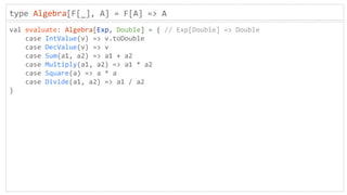 type Algebra[F[_], A] = F[A] => A
val evaluate: Algebra[Exp, Double] = { // Exp[Double] => Double
case IntValue(v) => v.toDouble
case DecValue(v) => v
case Sum(a1, a2) => a1 + a2
case Multiply(a1, a2) => a1 * a2
case Square(a) => a * a
case Divide(a1, a2) => a1 / a2
}
 