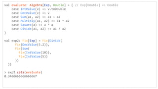val evaluate: Algebra[Exp, Double] = { // Exp[Double] => Double
case IntValue(v) => v.toDouble
case DecValue(v) => v
case Sum(a1, a2) => a1 + a2
case Multiply(a1, a2) => a1 * a2
case Square(a) => a * a
case Divide(a1, a2) => a1 / a2
}
val exp2: Fix[Exp] = Fix(Divide(
Fix(DecValue(5.2)),
Fix(Sum(
Fix(IntValue(10)),
Fix(IntValue(5))
))
))
> exp2.cata(evaluate)
0.3466666666666667
 