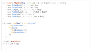 val mkStr: Algebra[Exp, String] = { // Exp[String] => String
case IntValue(v) => v.toString
case DecValue(v) => v.toString
case Sum(a1, a2) => s"($a1 + $a2)"
case Multiply(a1, a2) => s"($a1 + $a2)"
case Square(a) => s"($a)^2"
case Divide(a1, a2) => s"($a1 + $a2)"
}
val exp2: Fix[Exp] = Fix(Divide(
Fix(DecValue(5.2)),
Fix(Sum(
Fix(IntValue(10)),
Fix(IntValue(5))
))
))
> exp2.cata(mkStr)
(5.2 + (10 + 5))
 
