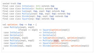 sealed trait Exp
final case class IntValue(v: Int) extends Exp
final case class DecValue(v: Double) extends Exp
final case class Sum(exp1: Exp, exp2: Exp) extends Exp
final case class Multiply(exp1: Exp, exp2: Exp) extends Exp
final case class Divide(exp1: Exp, exp2: Exp) extends Exp
final case class Square(exp: Exp) extends Exp
val optimize: Exp => Exp = {
case Multiply(exp1, exp2)
if(exp1 == exp2) => Square(optimize(exp1))
case IntValue(v) => IntValue(v)
case DecValue(v) => DecValue(v)
case Sum(exp1, exp2) => Sum(optimize(exp1), optimize(exp2))
case Multiply(exp1, exp2) => Multiply(exp1, optimize(exp2))
case Square(exp) => Square(optimize(exp))
case Divide(exp1, exp2) => Divide(optimize(exp1), optimize(exp2))
}
 