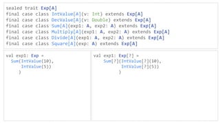 sealed trait Exp[A]
final case class IntValue[A](v: Int) extends Exp[A]
final case class DecValue[A](v: Double) extends Exp[A]
final case class Sum[A](exp1: A, exp2: A) extends Exp[A]
final case class Multiply[A](exp1: A, exp2: A) extends Exp[A]
final case class Divide[A](exp1: A, exp2: A) extends Exp[A]
final case class Square[A](exp: A) extends Exp[A]
val exp1: Exp =
Sum(IntValue(10),
IntValue(5))
)
val exp1: Exp[?] =
Sum[?](IntValue[?](10),
IntValue[?](5))
)
 