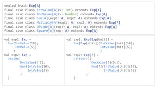 sealed trait Exp[A]
final case class IntValue[A](v: Int) extends Exp[A]
final case class DecValue[A](v: Double) extends Exp[A]
final case class Sum[A](exp1: A, exp2: A) extends Exp[A]
final case class Multiply[A](exp1: A, exp2: A) extends Exp[A]
final case class Divide[A](exp1: A, exp2: A) extends Exp[A]
final case class Square[A](exp: A) extends Exp[A]
val exp1: Exp =
Sum(IntValue(10),
IntValue(5))
)
val exp2: Exp =
Divide(
DecValue(5.2),
Sum(IntValue(10),
IntValue(5))
)
)
val exp1: Exp[Exp[Unit]] =
Sum[Exp[Unit]](IntValue[Unit](10),
IntValue[Unit](5))
)
val exp2: Exp[?] =
Divide[?](
DecValue[?](5.2),
Sum[?](IntValue[Unit](10),
IntValue[Unit](5))
)
)
 