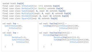 sealed trait Exp[A]
final case class IntValue[A](v: Int) extends Exp[A]
final case class DecValue[A](v: Double) extends Exp[A]
final case class Sum[A](exp1: A, exp2: A) extends Exp[A]
final case class Multiply[A](exp1: A, exp2: A) extends Exp[A]
final case class Divide[A](exp1: A, exp2: A) extends Exp[A]
final case class Square[A](exp: A) extends Exp[A]
val exp1: Exp =
Sum(IntValue(10),
IntValue(5))
)
val exp2: Exp =
Divide(
DecValue(5.2),
Sum(IntValue(10),
IntValue(5))
)
)
val exp1: Exp[Exp[Unit]] =
Sum[Exp[Unit]](IntValue[Unit](10),
IntValue[Unit](5))
)
val exp2: Exp[Exp[Exp[Unit]]] =
Divide[Exp[Exp[Unit]]](
DecValue[Exp[Unit]](5.2),
Sum[Exp[Unit]](IntValue[Unit](10),
IntValue[Unit](5))
)
)
 