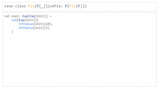 case class Fix[F[_]](unFix: F[Fix[F]])
val exp1: Exp[Exp[Unit]] =
Sum[Exp[Unit]](
IntValue[Unit](10),
IntValue[Unit](5)
)
 
