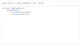 case class Fix[F[_]](unFix: F[Fix[F]])
val exp1: Exp[Exp[Unit]] =
Sum[Exp[Unit]](
Fix(IntValue[Unit](10)),
Fix(IntValue[Unit](5))
)
 