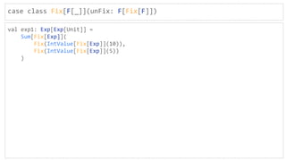 case class Fix[F[_]](unFix: F[Fix[F]])
val exp1: Exp[Exp[Unit]] =
Sum[Fix[Exp]](
Fix(IntValue[Fix[Exp]](10)),
Fix(IntValue[Fix[Exp]](5))
)
 