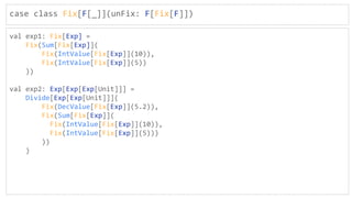 case class Fix[F[_]](unFix: F[Fix[F]])
val exp1: Fix[Exp] =
Fix(Sum[Fix[Exp]](
Fix(IntValue[Fix[Exp]](10)),
Fix(IntValue[Fix[Exp]](5))
))
val exp2: Exp[Exp[Exp[Unit]]] =
Divide[Exp[Exp[Unit]]](
Fix(DecValue[Fix[Exp]](5.2)),
Fix(Sum[Fix[Exp]](
Fix(IntValue[Fix[Exp]](10)),
Fix(IntValue[Fix[Exp]](5)))
))
)
 