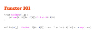 Functor 101
trait Functor[F[_]] {
def map[A, B](fa: F[A])(f: A => B): F[B]
}
def foo[A[_] : Functor, T](a: A[T])(trans: T ...