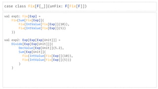 case class Fix[F[_]](unFix: F[Fix[F]])
val exp1: Fix[Exp] =
Fix(Sum[Fix[Exp]](
Fix(IntValue[Fix[Exp]](10)),
Fix(IntValue[F...