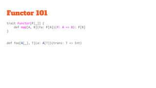 Functor 101
trait Functor[F[_]] {
def map[A, B](fa: F[A])(f: A => B): F[B]
}
def foo[A[_] : Functor, T](a: A[T])(trans: T ...