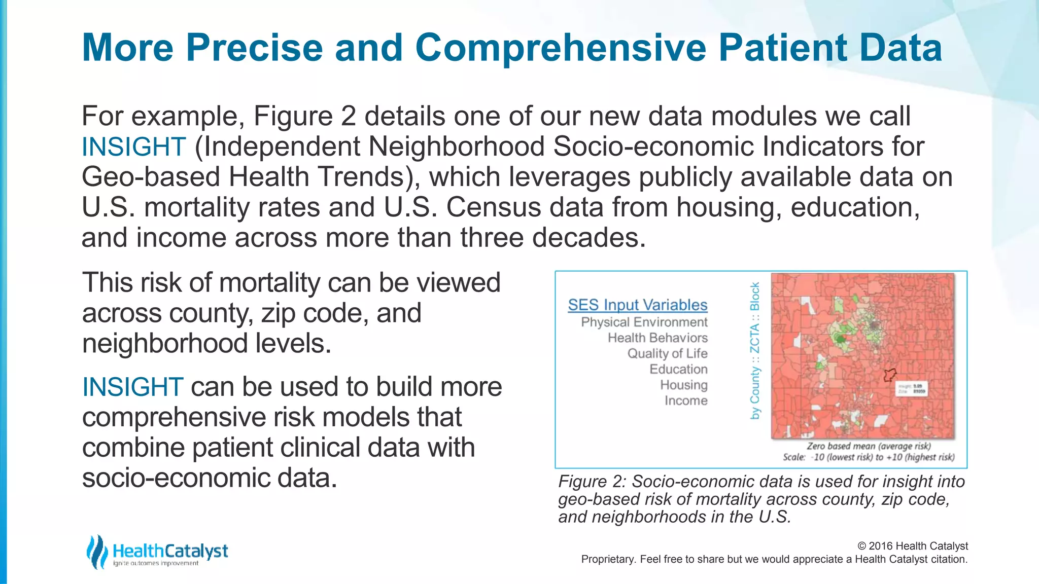 © 2016 Health Catalyst
Proprietary. Feel free to share but we would appreciate a Health Catalyst citation.
More Precise and Comprehensive Patient Data
For example, Figure 2 details one of our new data modules we call
INSIGHT (Independent Neighborhood Socio-economic Indicators for
Geo-based Health Trends), which leverages publicly available data on
U.S. mortality rates and U.S. Census data from housing, education,
and income across more than three decades.
This risk of mortality can be viewed
across county, zip code, and
neighborhood levels.
INSIGHT can be used to build more
comprehensive risk models that
combine patient clinical data with
socio-economic data. Figure 2: Socio-economic data is used for insight into
geo-based risk of mortality across county, zip code,
and neighborhoods in the U.S.
 