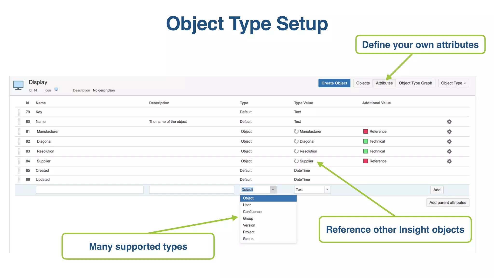 Object Type Setup
Deﬁne your own attributes
Many supported types
Reference other Insight objects
 