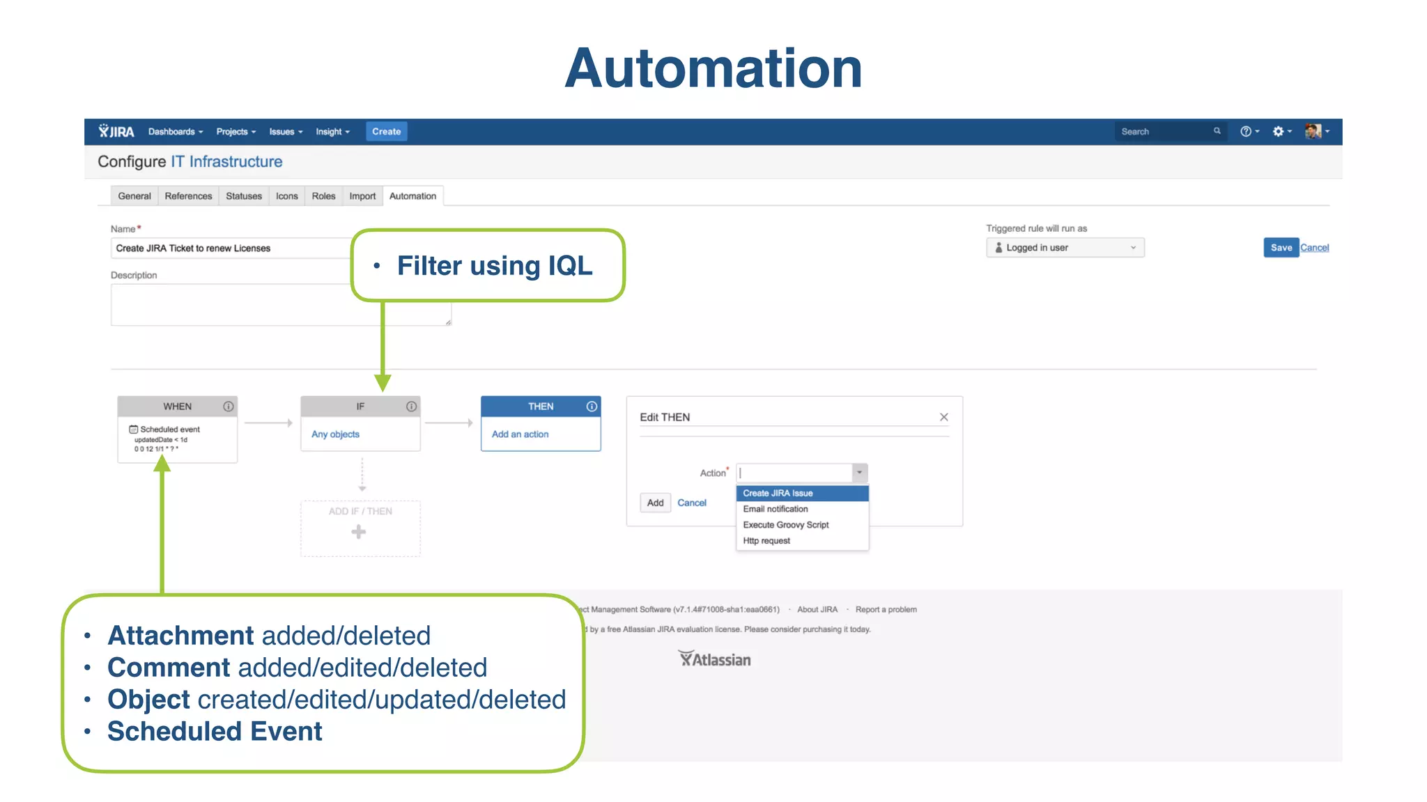 Automation
• Attachment added/deleted
• Comment added/edited/deleted
• Object created/edited/updated/deleted
• Scheduled Event
• Filter using IQL
 