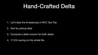Hand-Crafted Delta
1. Let’s take the timestamps in NYC Taxi Trip
2. Sort by pickup date
3. Compute a delta column for both dates
4. 17.5% saving on the whole
fi
le.
 