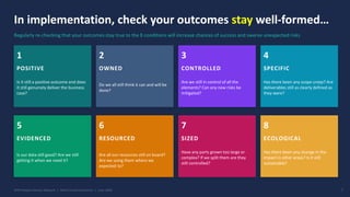 In implementation, check your outcomes stay well-formed…
Regularly re-checking that your outcomes stay true to the 8 conditions will increase chances of success and swerve unexpected risks
1
POSITIVE
Is it still a positive outcome and does
it still genuinely deliver the business
case?
2
OWNED
Do we all still think it can and will be
done?
3
CONTROLLED
Are we still in control of all the
elements? Can any new risks be
mitigated?
4
SPECIFIC
Has there been any scope creep? Are
deliverables still as clearly defined as
they were?
5
EVIDENCED
Is our data still good? Are we still
getting it when we need it?
6
RESOURCED
Are all our resources still on board?
Are we using them where we
expected to?
7
SIZED
Have any parts grown too large or
complex? If we split them are they
still controlled?
8
ECOLOGICAL
Has there been any change in the
impact in other areas? Is it still
sustainable?
APM People Interest Network | Well-Formed Outcomes | June 2026 7
 