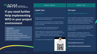 A B O U T T I M
Tim Lyons
Author, APM People Network Lead
Tim has worked as a project and programme manager in
various sectors for over 40 years. Along the way, he has
experienced and used some of the traditional tools
deployed by project managers and sponsors to define
outcomes, some more successfully than others.
Tim now consults, writes and presents extensively on
matters relating to the human and neurological aspects
of projects, including communication, ethics and
problem-solving.
He holds degrees in Philosophy, Coaching and
NeuroLinguistic Programming (NLP) and is an NLP
Master Practitioner. He is the Lead for the APM People
Interest Network and is an APM Fellow.
You can get in touch with Tim here:
timlyons@gestionnaire.net
www.linkedin.com/in/timlyonsprogman
A B O U T S O P H I E
Sophie Vyse
Business Coach
Sophie combines psychology expertise with 20+ years of hands-
on Agile transformation experience.
She has worked with organisations from Google and M&S to
dynamic startups and has experience across Retail, Financial
Services and Health.
She is passionate about psychological safety, team
performance and what makes the 'dream team'.
Today: bringing NLP's Well-Formed Outcomes into the PM
world — going beyond SMART & MoSCoW to define goals that
people genuinely own, that anticipate unintended
consequences, and that are specific enough to guide real
behaviour.
You can get in touch with Sophie here:
If you need further
Help implementing
WFO in your project
environment
REMEMBER:
SMART tests structure.
OKRs test alignment.
MoSCoW checks relevance.
WFO tests whether the goal is real,
owned and liveable for the humans who
who have to achieve it.
APM People Interest Network | June 2026
 