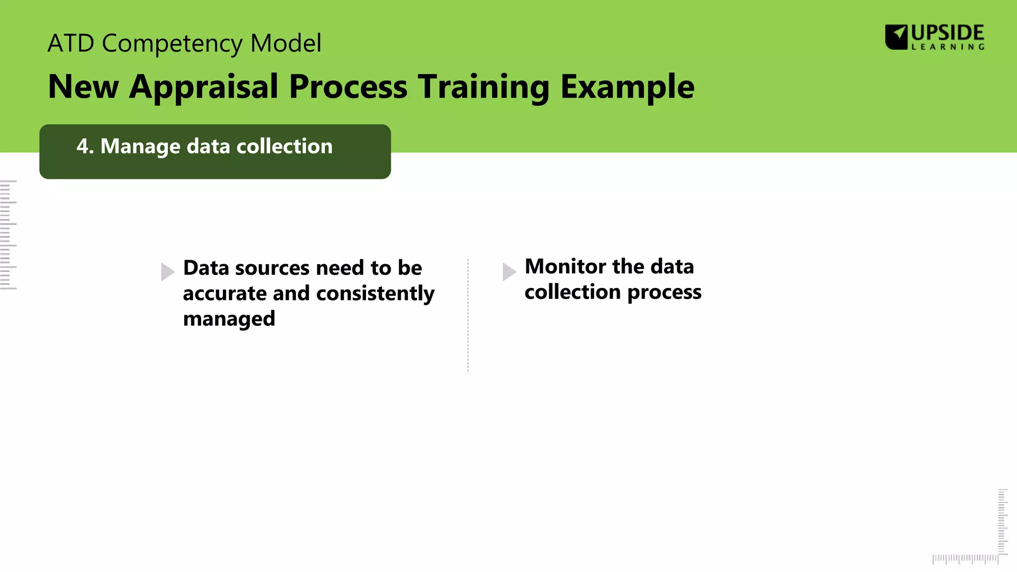 ATD Competency Model
New Appraisal Process Training Example
Data sources need to be
accurate and consistently
managed
Monitor the data
collection process
4. Manage data collection
 