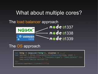 What about multiple cores? The  load balancer  approach :1337 :1338 :1339 The  OS  approach var  http   =   require ( 'http' ), cluster = ...; var  server = http. createServer ( function (req,   res) { res. writeHead ( 200 , {  'Content-type' :  'text/plain'  }); res. end ( 'Hello world!' ); }); cluster (server). listen ( 1337 ); 
