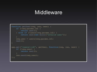 Middleware function   getUser (req,   res,   next) { if   (!req.params.id) { return   next (); }   else if   (!users[req.params.id]) { return   next ( new   Error ( 'Invalid user' )); } req.user   =   users[req.params.id]; next (); } app. get ( '/users/:id?' ,   getUser,   function (req,   res,   next) { if   (!req.user) { return   next (); } res. send (req.user); }); 