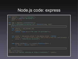 Node.js code: express var   express   =   require ( 'express' ), mysql   =   require ( 'db-mysql' ), port   =   1337 ; var   app   =   express. createServer (); app. get ( '/messages/incoming/:id' ,   function (req,   res){ var   r   = ... var   userId   =   req.params.id; if   (!userId) { return   r ( new   Error ( 'No user ID provided' )); } var   since   =   req.query.since ? req.query.since   :   false ; if   (!since ||   !/^\d{ 4 }-\d{ 2 }-\d{ 2 }   \d{ 2 }:\d{ 2 }:\d{ 2 }$/. test (since)) { since   =   '0000-00-00 00:00:00' ; } new   mysql. Database (...). connect ( function (err) { if   (err) {   return   r (err); } ... }); }); app. listen (port); console. log ( 'Server running at http://localhost:'   +   port); 