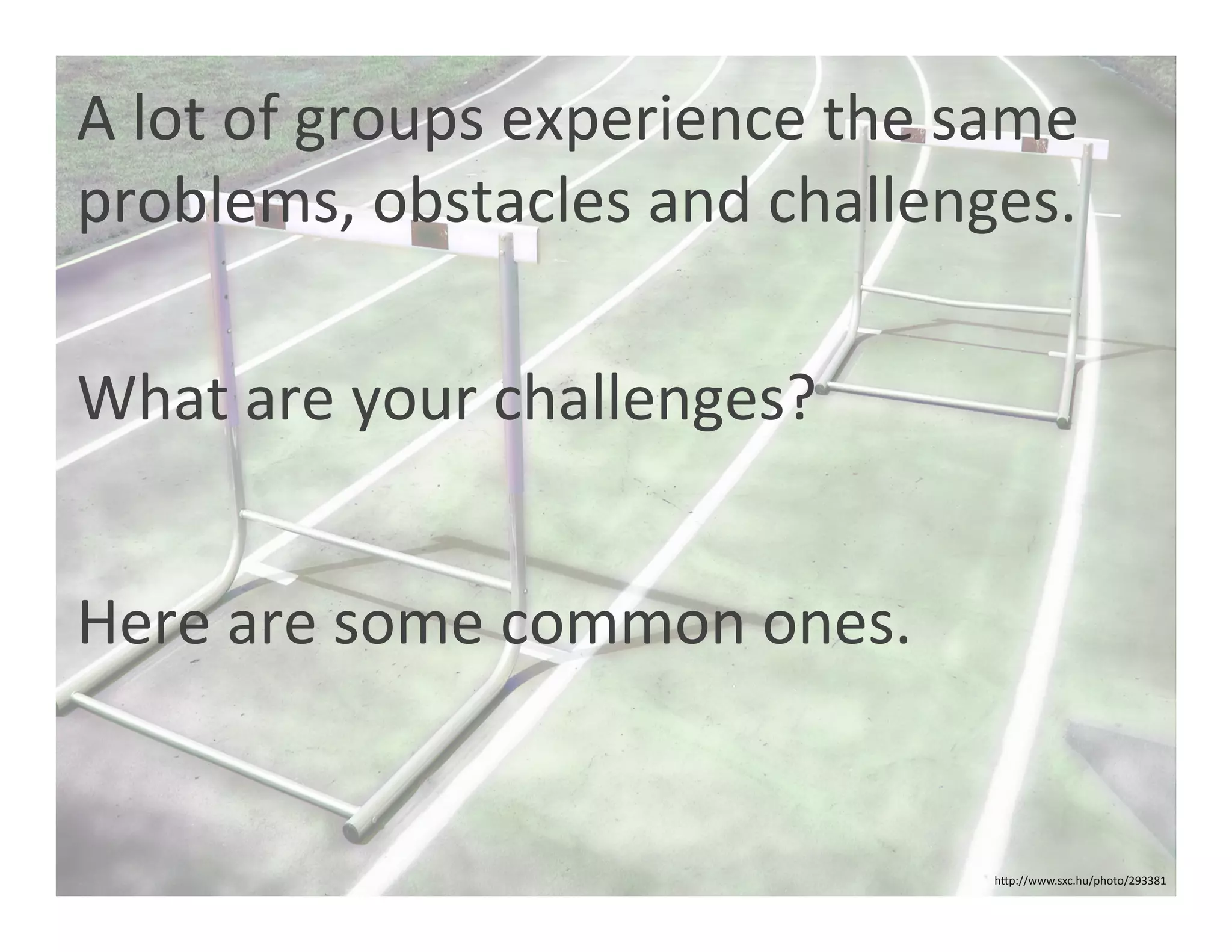 A lot of groups experience the same 
problems, obstacles and challenges. 

What are your challenges? 


Here are some common ones. 


                                hOp://www.sxc.hu/photo/293381 
 