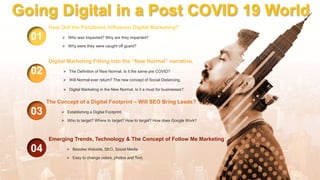 01
How Did the Pandemic Influence Digital Marketing?
 Who was Impacted? Why are they impacted?
 Why were they were caught off guard?
02
Digital Marketing Fitting into the “New Normal” narrative.
 The Definition of New Normal. Is it the same pre COVID?
 Will Normal ever return? The new concept of Social Distancing.
 Digital Marketing in the New Normal. Is it a must for businesses?
03
The Concept of a Digital Footprint – Will SEO Bring Leads?
 Establishing a Digital Footprint.
 Who to target? Where to target? How to target? How does Google Work?
04
Emerging Trends, Technology & The Concept of Follow Me Marketing
 Besides Website, SEO, Social Media
 Easy to change colors, photos and Text.
Going Digital in a Post COVID 19 World
 