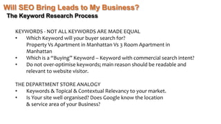 Will SEO Bring Leads to My Business?
The Keyword Research Process
KEYWORDS - NOT ALL KEYWORDS ARE MADE EQUAL
• Which Keyword will your buyer search for?
Property Vs Apartment in Manhattan Vs 3 Room Apartment in
Manhattan
• Which is a “Buying” Keyword – Keyword with commercial search intent?
• Do not over-optimise keywords; main reason should be readable and
relevant to website visitor.
THE DEPARTMENT STORE ANALOGY
• Keywords & Topical & Contextual Relevancy to your market.
• Is Your site well organised? Does Google know the location
& service area of your Business?
 