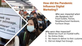 Why were they impacted?
1. Relied too much on Footfall traffic.
2. No Online Order.
3. No means to deliver to their custome
4. Did not Adapt Fast Enough.
How did the Pandemic
Influence Digital
Marketing?
Who was impacted when
the Pandemic hit?
Food Outlets, Florists,
Neighbourhood Hardware,
Furniture Shops
 