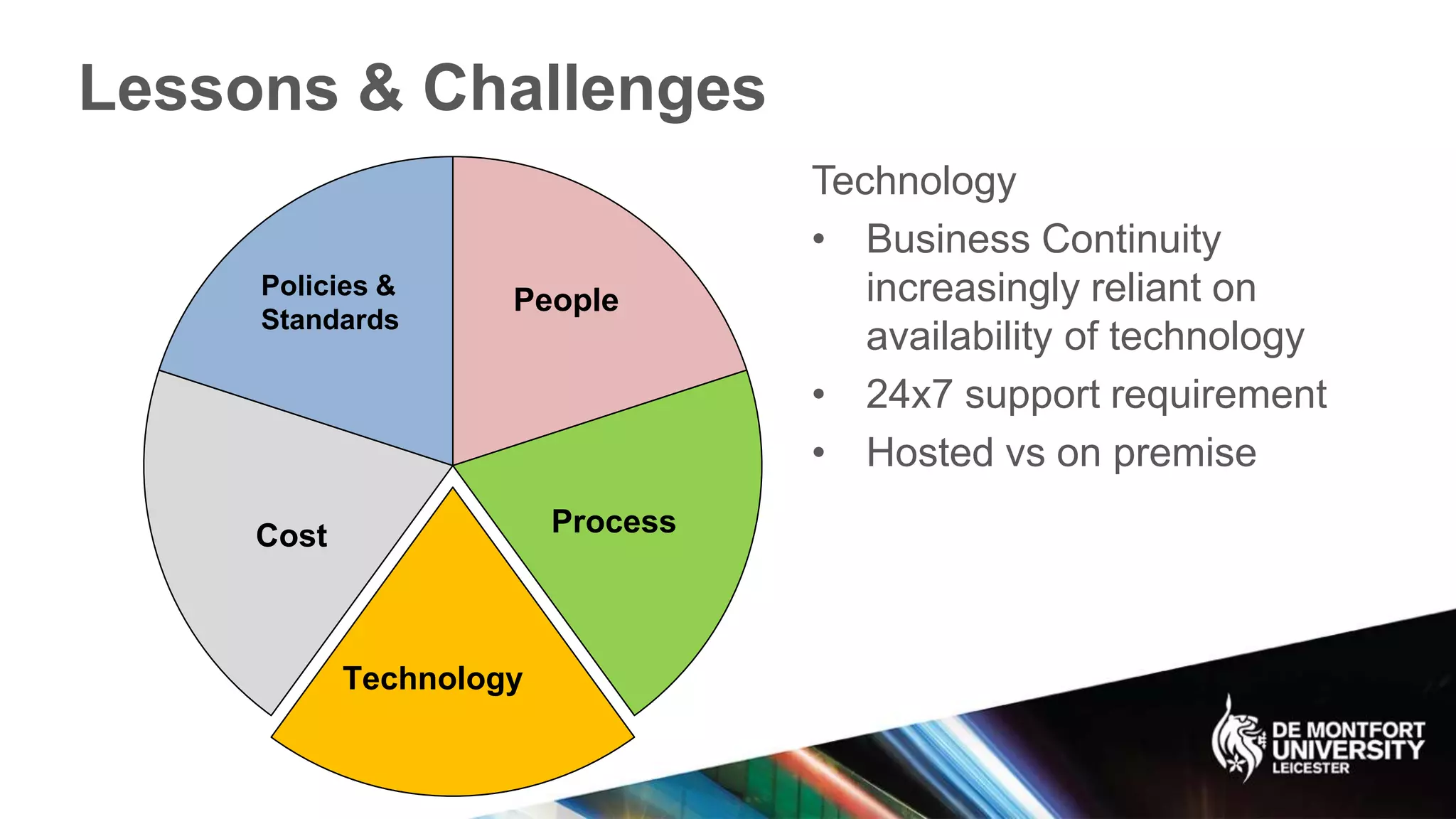 Lessons & Challenges
Policies &
Standards
Process
Technology
Cost
People
Technology
• Business Continuity
increasingly reliant on
availability of technology
• 24x7 support requirement
• Hosted vs on premise
 