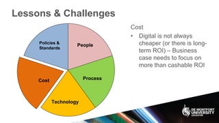 Lessons & Challenges
Policies &
Standards
Process
Technology
Cost
People
Cost
• Digital is not always
cheaper (or there is long-
term ROI) – Business
case needs to focus on
more than cashable ROI
 