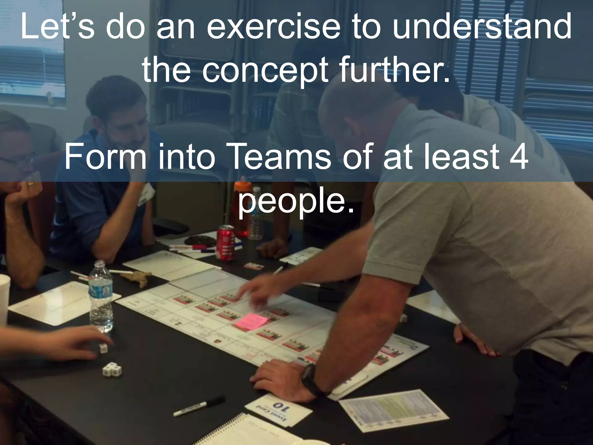 Let’s do an exercise to understand
the concept further.
Form into Teams of at least 4
people.
 