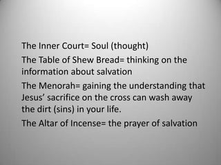 The Inner Court= Soul (thought)
The Table of Shew Bread= thinking on the
information about salvation
The Menorah= gaining the understanding that
Jesus’ sacrifice on the cross can wash away
the dirt (sins) in your life.
The Altar of Incense= the prayer of salvation
 