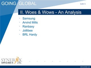 II. Woes & Wows - An Analysis Samsung Arvind Mills Ranbaxy Jollibee BRL Hardy SLIDE 13 