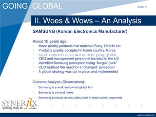 II. Woes & Wows – An Analysis SAMSUNG (Korean Electronics Manufacturer) About 10 years ago: Made quality products that matched Sony, Hitachi etc. Products greatly accepted in home country, Korea Faced competitive situation with going global CEO and management personnel traveled to the US Identified Samsung perception being “bargain junk” CEO realized the need for a “changed” perception A global strategy was put in place and implemented Outcome Analysis (Observations): Samsung is a world renowned global firm Samsung is a brand name Samsung products do not collect dust in retail stores (anymore) SLIDE 15 