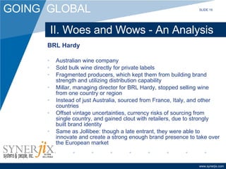 II. Woes and Wows - An Analysis BRL Hardy Australian wine company Sold bulk wine directly for private labels Fragmented producers, which kept them from building brand strength and utilizing distribution capability Millar, managing director for BRL Hardy, stopped selling wine from one country or region Instead of just Australia, sourced from France, Italy, and other countries Offset vintage uncertainties, currency risks of sourcing from single country, and gained clout with retailers, due to strongly built brand identity Same as Jollibee: though a late entrant, they were able to innovate and create a strong enough brand presence to take over the European market SLIDE 19 