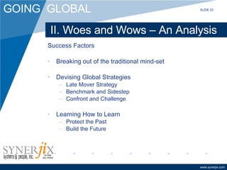 II. Woes and Wows – An Analysis Success Factors Breaking out of the traditional mind-set Devising Global Strategies Late Mover Strategy Benchmark and Sidestep Confront and Challenge Learning How to Learn Protect the Past Build the Future SLIDE 20 