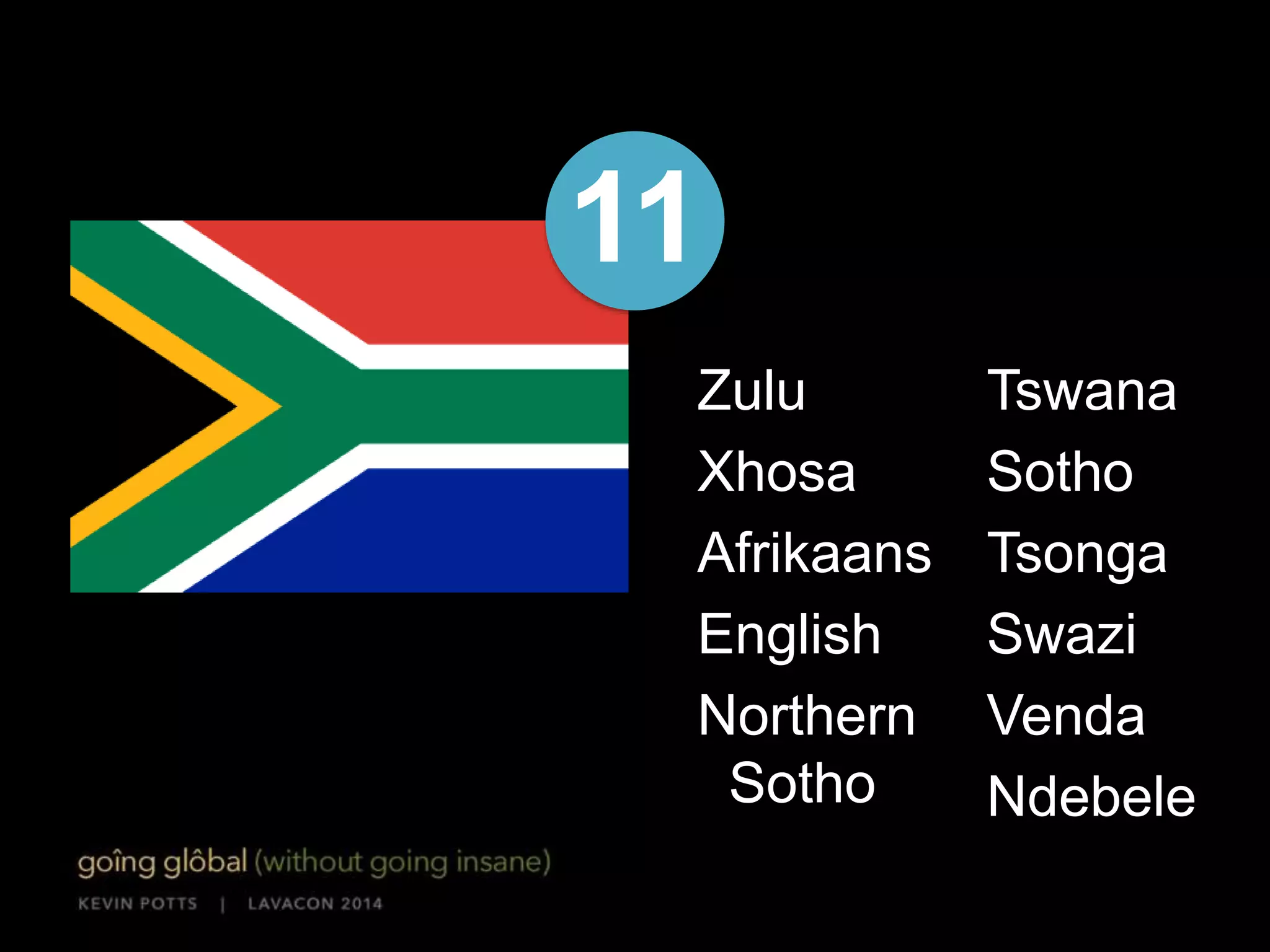 11 
Zulu 
Xhosa 
Afrikaans 
English 
Northern 
Sotho 
Tswana 
Sotho 
Tsonga 
Swazi 
Venda 
Ndebele 
 