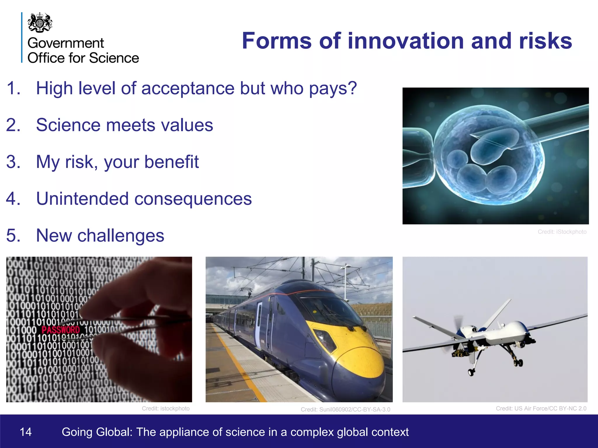 14 Going Global: The appliance of science in a complex global context
Forms of innovation and risks
1. High level of acceptance but who pays?
2. Science meets values
3. My risk, your benefit
4. Unintended consequences
5. New challenges
Credit: istockphoto Credit: Sunil060902/CC-BY-SA-3.0 Credit: US Air Force/CC BY-NC 2.0
Credit: iStockphoto
 
