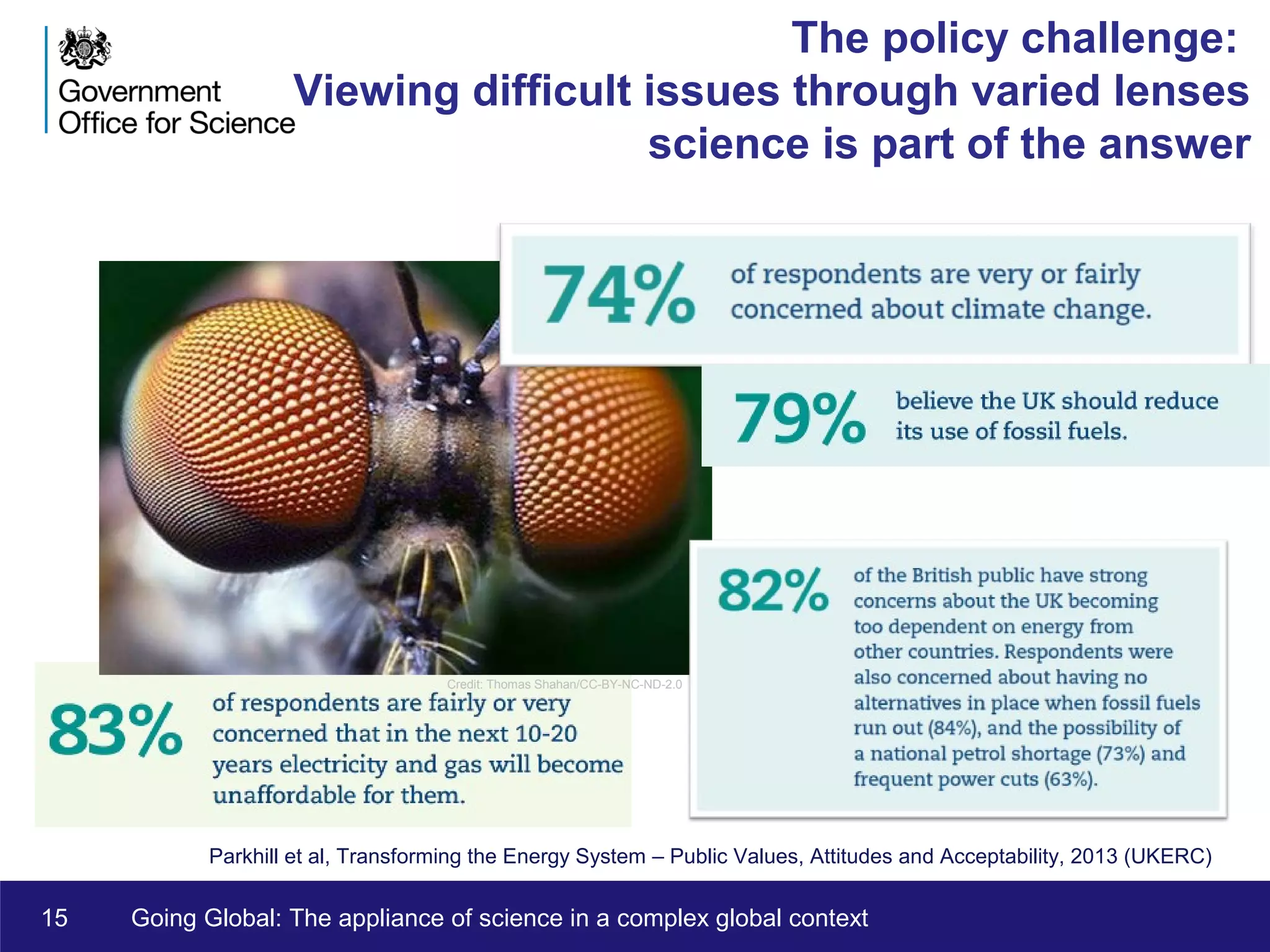 15 Going Global: The appliance of science in a complex global context
The policy challenge:
Viewing difficult issues through varied lenses
science is part of the answer
Parkhill et al, Transforming the Energy System – Public Values, Attitudes and Acceptability, 2013 (UKERC)
Credit: Thomas Shahan/CC-BY-NC-ND-2.0
 