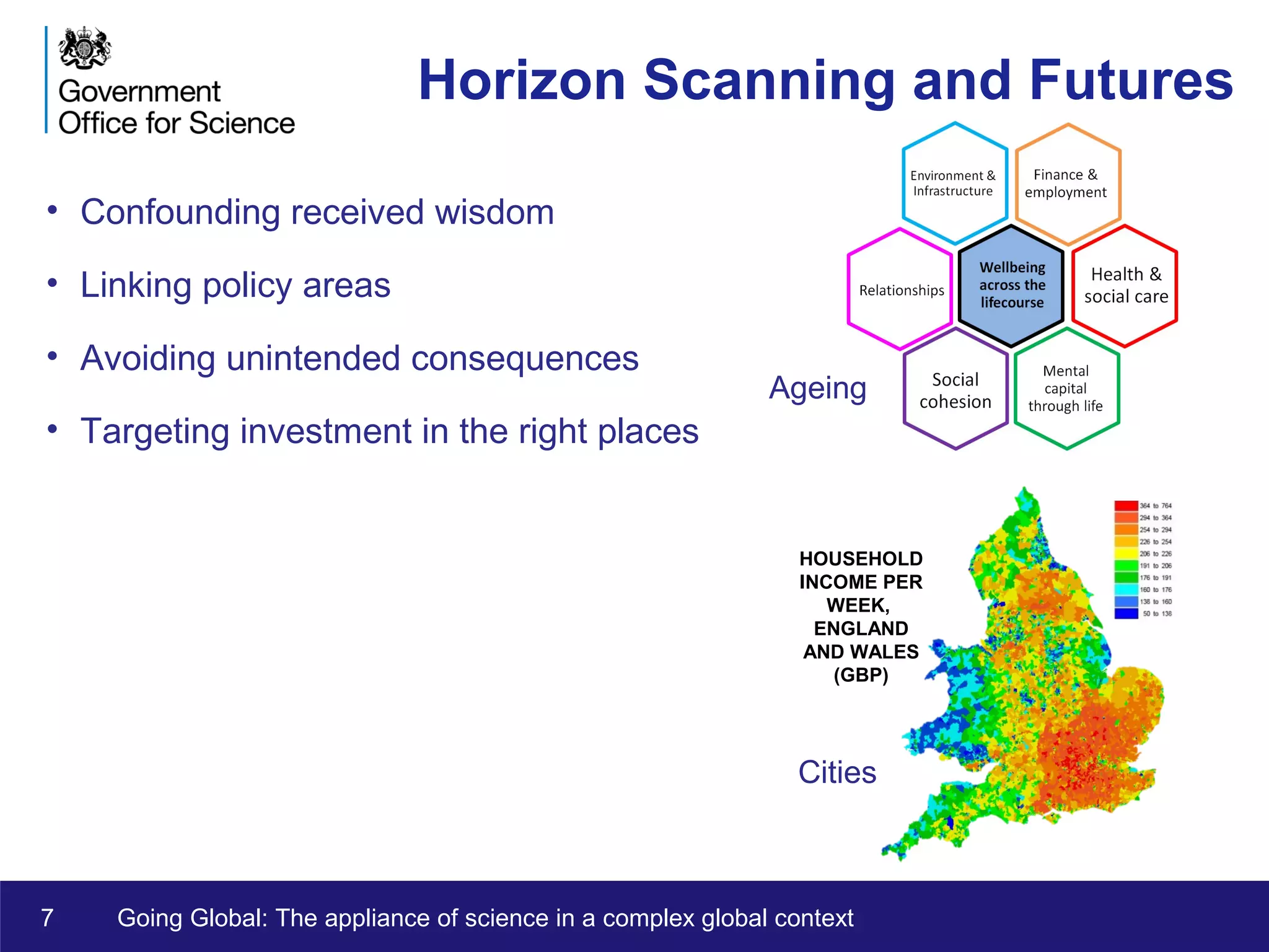 7 Going Global: The appliance of science in a complex global context
Horizon Scanning and Futures
• Confounding received wisdom
• Linking policy areas
• Avoiding unintended consequences
• Targeting investment in the right places
HOUSEHOLD
INCOME PER
WEEK,
ENGLAND
AND WALES
(GBP)
Ageing
Cities
 