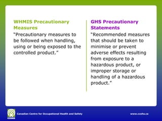 Canadian Centre for Occupational Health and Safety www.ccohs.ca
WHMIS Precautionary
Measures
“Precautionary measures to
be followed when handling,
using or being exposed to the
controlled product.”
GHS Precautionary
Statements
“Recommended measures
that should be taken to
minimise or prevent
adverse effects resulting
from exposure to a
hazardous product, or
improper storage or
handling of a hazardous
product.”
 