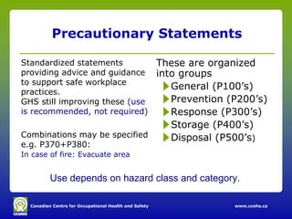 Precautionary Statements

Standardized statements       These are organized
providing advice and guidance into groups
to support safe workplace
                                 General (P100’s)
practices.
GHS still improving these (use   Prevention (P200’s)
is recommended, not required)    Response (P300’s)
                                 Storage (P400’s)
Combinations may be specified    Disposal (P500’s)
e.g. P370+P380:
In case of fire: Evacuate area


          Use depends on hazard class and category.

  Canadian Centre for Occupational Health and Safety   www.ccohs.ca
 