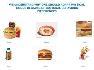 WE UNDERSTAND WHY ONE SHOULD ADAPT PHYSICAL
GOODS BECAUSE OF CULTURAL BEHAVIORS
DIFFERENCES
Korea Malaysia Japan
Spain Brazil France
 