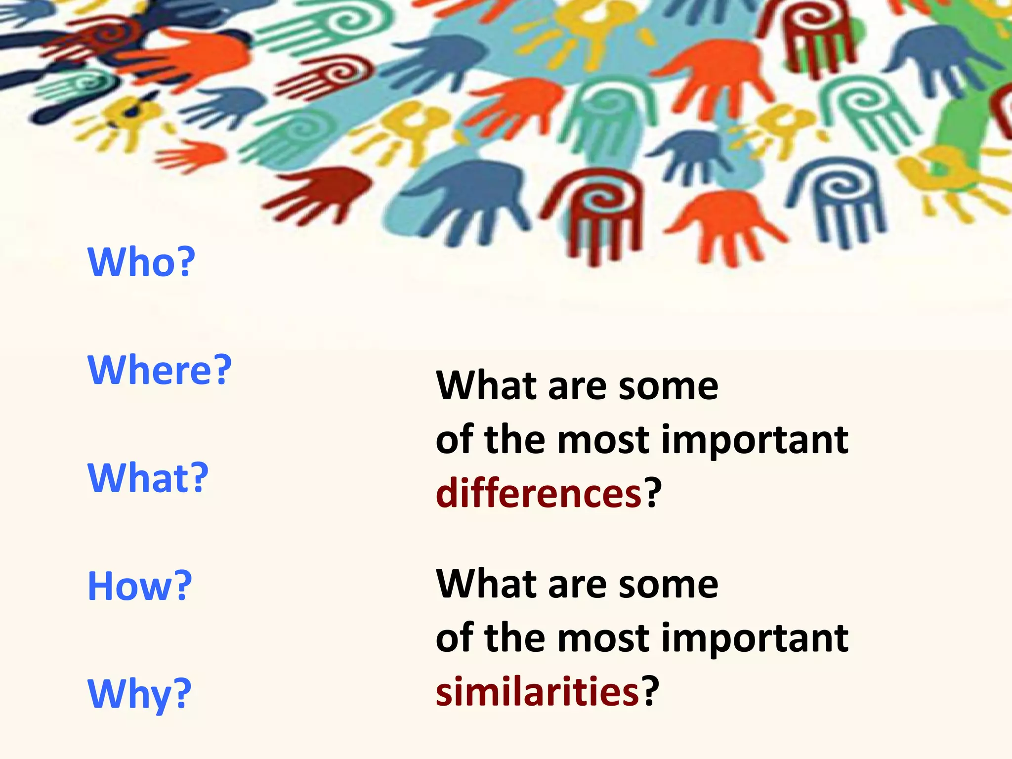 Who? 
Where? 
What? 
How? 
Why? 
What are some 
of the most important 
differences? 
What are some 
of the most important 
similarities? 
 